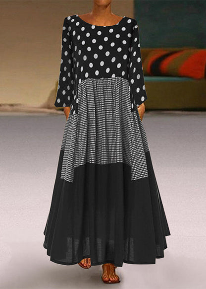 Round Neck Polka Dot long Sleeve Dress Black 2025
