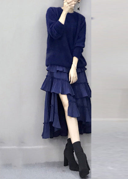 Royal Blue Cotton Knit Sweaters And Long Dress Two Pieces Set Lantern Sleeve