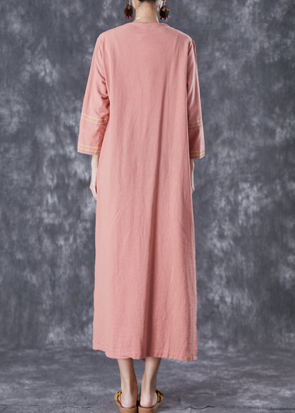 Rubber Red Linen Ankle Dress Embroideried Fall