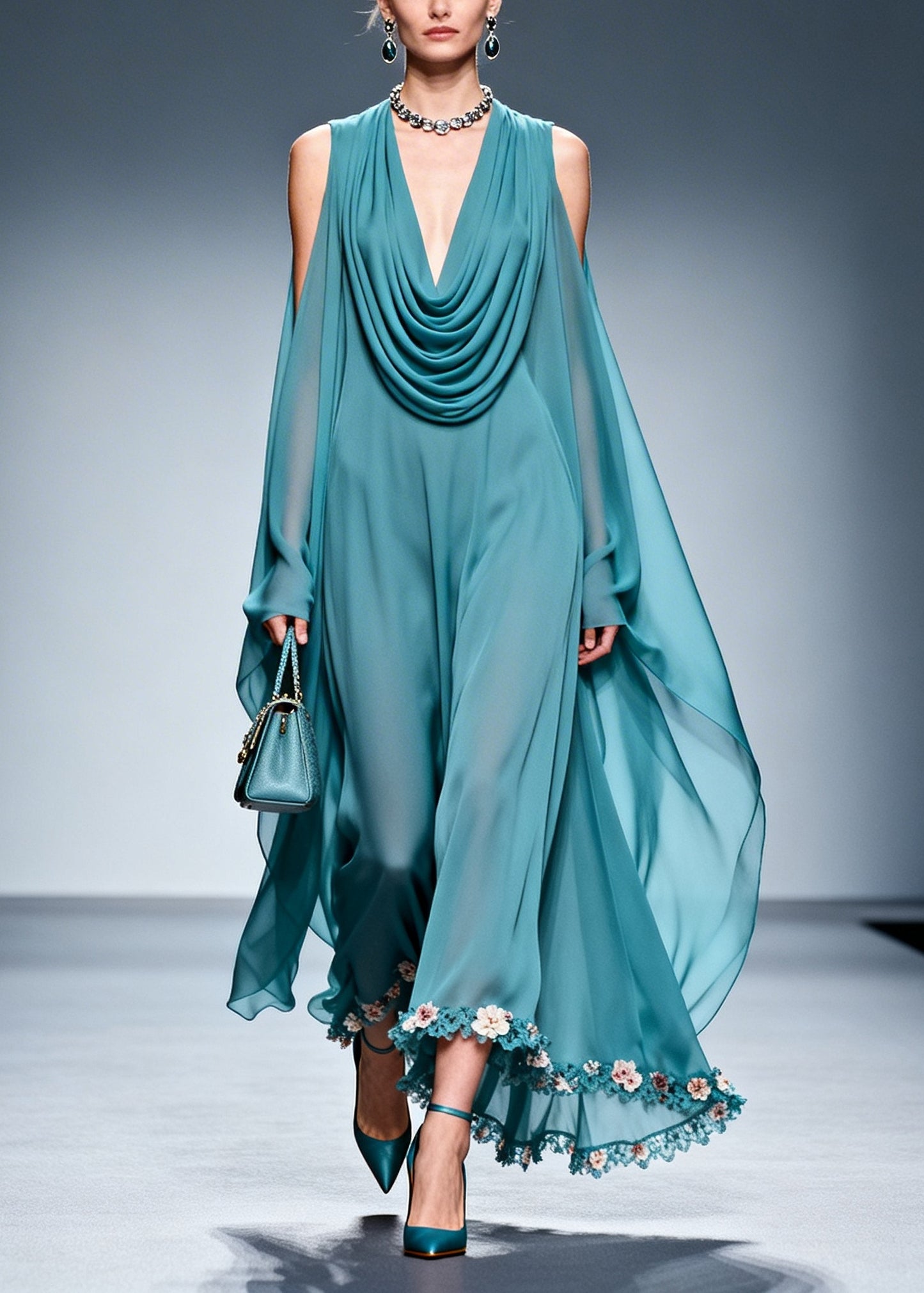 Sea Blue Patchwork Chiffon Maxi Dresses Cold Shoulder Flower Lace Summer
