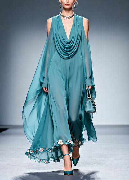 Sea Blue Patchwork Chiffon Maxi Dresses Cold Shoulder Flower Lace Summer