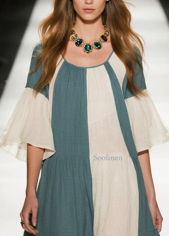 Sea Blue Patchwork Cotton A Line Dresses Oversized Flare Sleeve