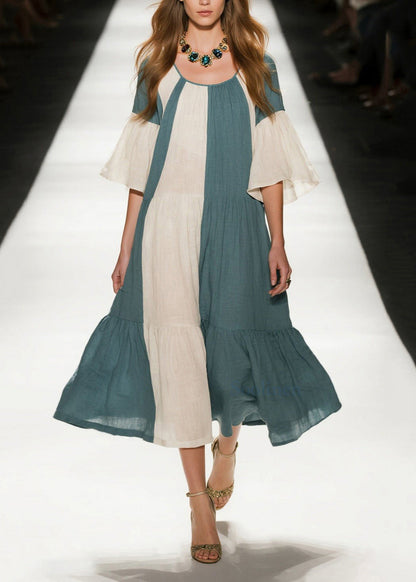 Sea Blue Patchwork Cotton A Line Dresses Oversized Flare Sleeve