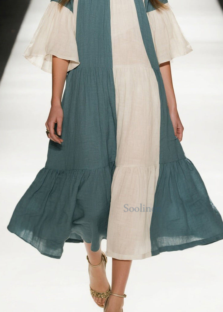 Sea Blue Patchwork Cotton A Line Dresses Oversized Flare Sleeve