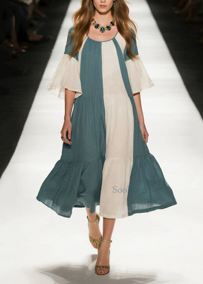 Sea Blue Patchwork Cotton A Line Dresses Oversized Flare Sleeve