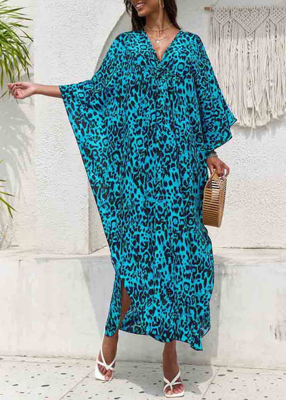 Sea Blue Print Chiffon Beach Dress V Neck Side Open Summer