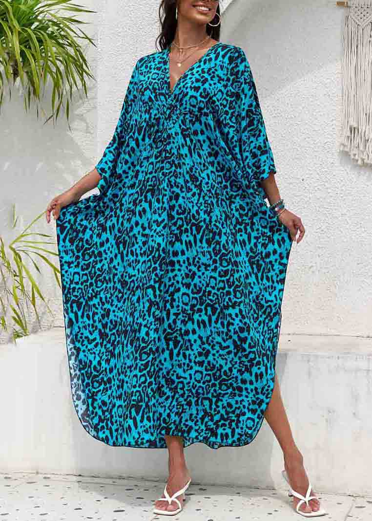 Sea Blue Print Chiffon Beach Dress V Neck Side Open Summer