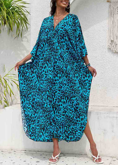 Sea Blue Print Chiffon Beach Dress V Neck Side Open Summer