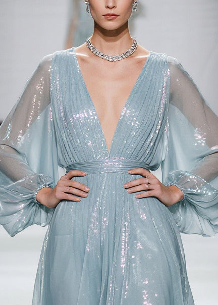 Sea Blue Tulle Mini Dresses Sequins Sheer Summer