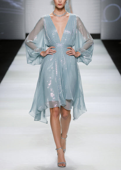 Sea Blue Tulle Mini Dresses Sequins Sheer Summer