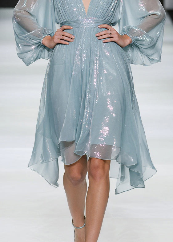 Sea Blue Tulle Mini Dresses Sequins Sheer Summer