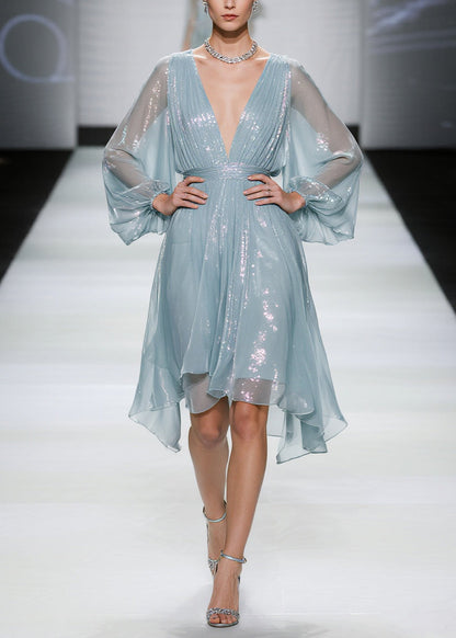 Sea Blue Tulle Mini Dresses Sequins Sheer Summer