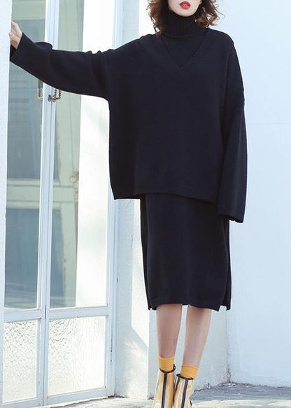 Set female 2019 large size turtleneck sweater suit skirt black two-piece long paragraph over the knee - SooLinen