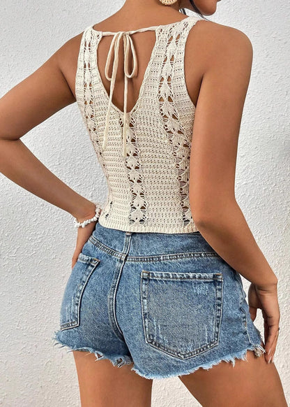 Sex Beige O-Neck Hollow Out Knit Vest Summer