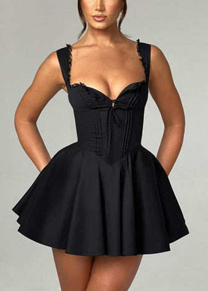 Sex Black Bustier Top Lace Patchwork Mid Spaghetti Strap Dresses Sleeveless
