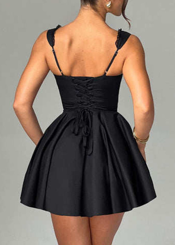 Sex Black Bustier Top Lace Patchwork Mid Spaghetti Strap Dresses Sleeveless