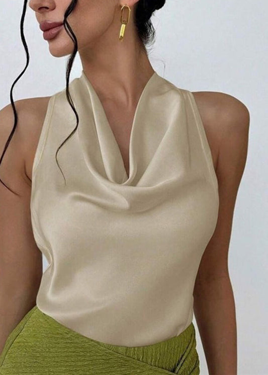 Sexy Apricot Patchwork Satin T Shirt Sleeveless