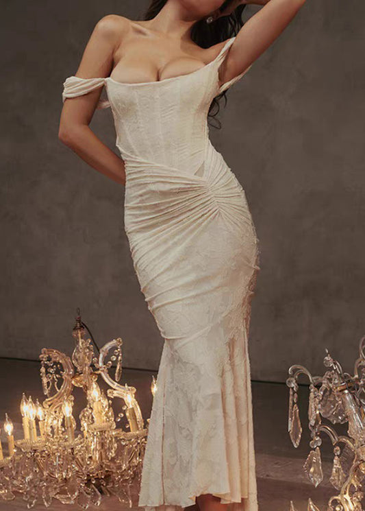 Sexy Apricot Square Collar Wrinkled Cotton Summer Fish Tail Dress