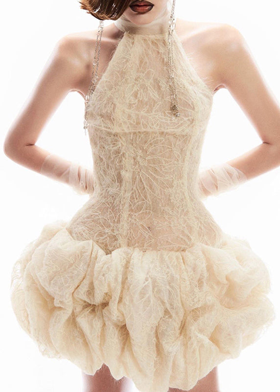 Sexy Apricot Turtleneck Patchwork Lace Mid Dress Sleeveless