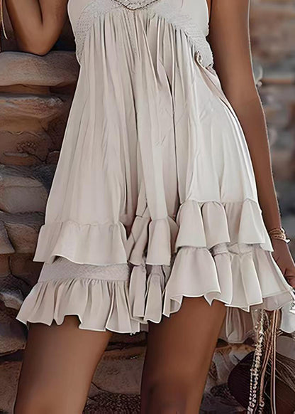 Sexy Beige Ruffled Patchwork Cotton Spaghetti Strap Dress Summer