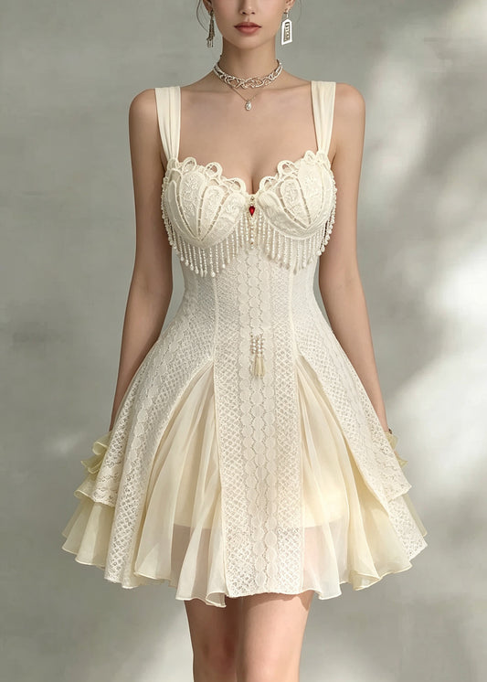 Sexy Beige Tassel Patchwork Mid Spaghetti Strap Dress Sleeveless