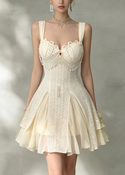 Sexy Beige Tassel Patchwork Mid Spaghetti Strap Dress Sleeveless