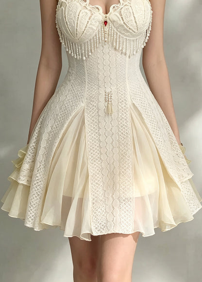 Sexy Beige Tassel Patchwork Mid Spaghetti Strap Dress Sleeveless