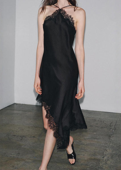 Sexy Black Asymmetrical Lace Patchwork Silk Dresses Sleeveless