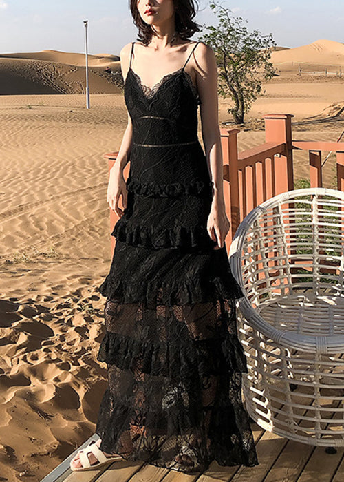 Sexy Black Backless High Waist Lace Spaghetti Strap Dress Sleeveless