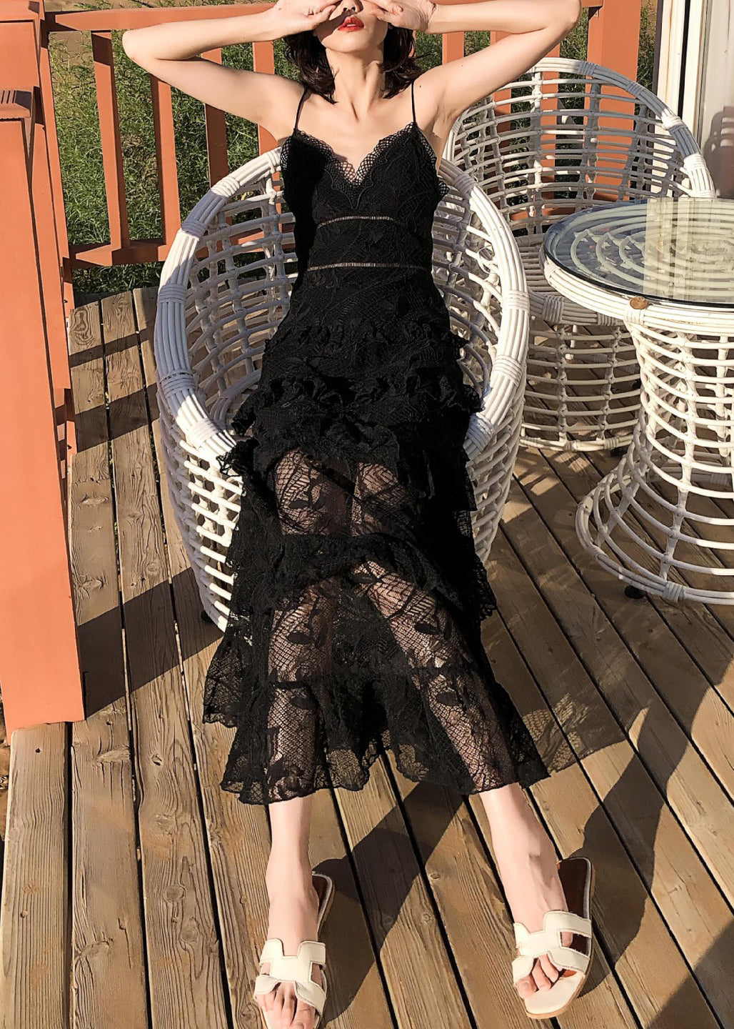 Sexy Black Backless High Waist Lace Spaghetti Strap Dress Sleeveless