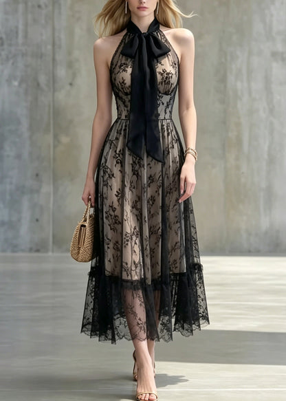 Sexy Black Bow Patchwork Lace Long Dresses Sleeveless