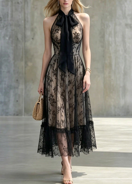 Sexy Black Bow Patchwork Lace Long Dresses Sleeveless