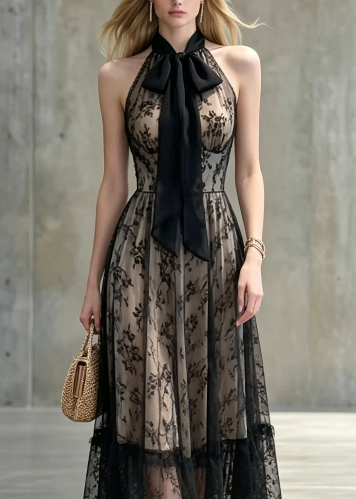 Sexy Black Bow Patchwork Lace Long Dresses Sleeveless