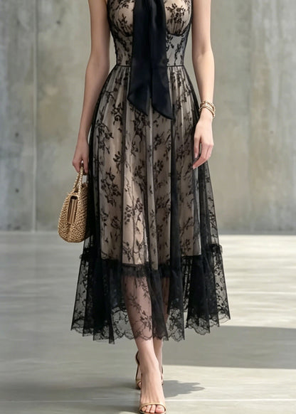 Sexy Black Bow Patchwork Lace Long Dresses Sleeveless