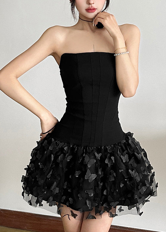 Sexy Black Butterfly Tulle Patchwork Strapless Mini Dress Summer