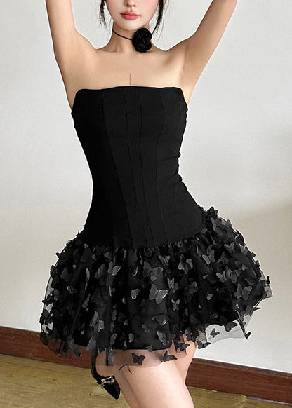 Sexy Black Butterfly Tulle Patchwork Strapless Mini Dress Summer