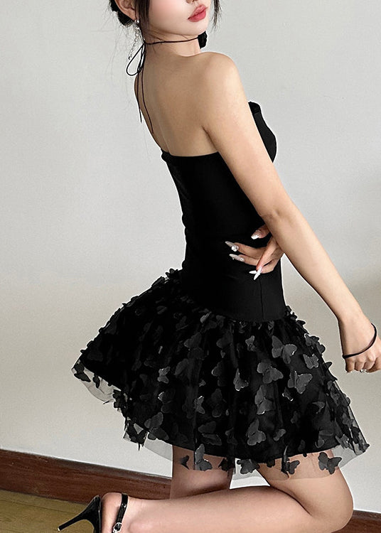 Sexy Black Butterfly Tulle Patchwork Strapless Mini Dress Summer