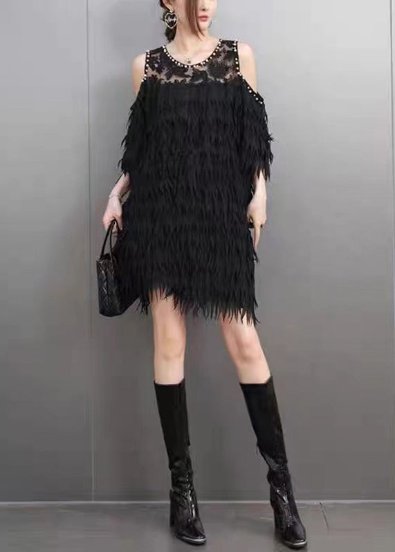 Sexy Black Cold Shoulder Nail Bead Tassel Mid Dresses Short Sleeve