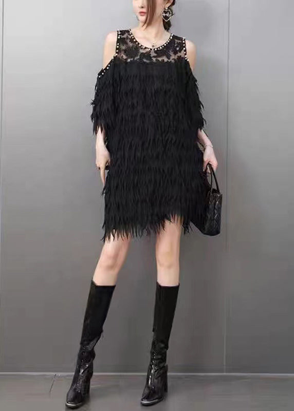 Sexy Black Cold Shoulder Nail Bead Tassel Mid Dresses Short Sleeve
