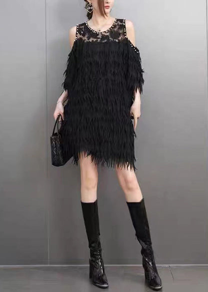 Sexy Black Cold Shoulder Nail Bead Tassel Mid Dresses Short Sleeve
