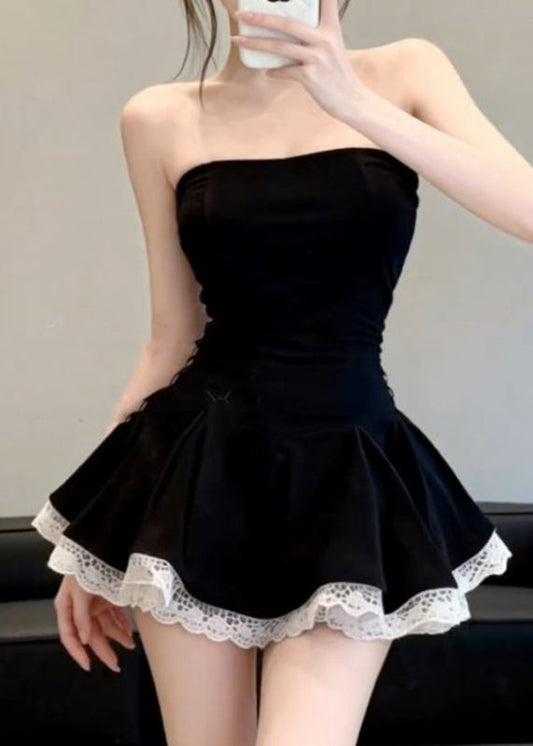 Sexy Black Cold Shoulder Patchwork Mid Dress Summer