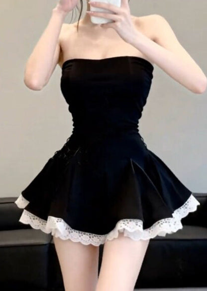 Sexy Black Cold Shoulder Patchwork Mid Dress Summer