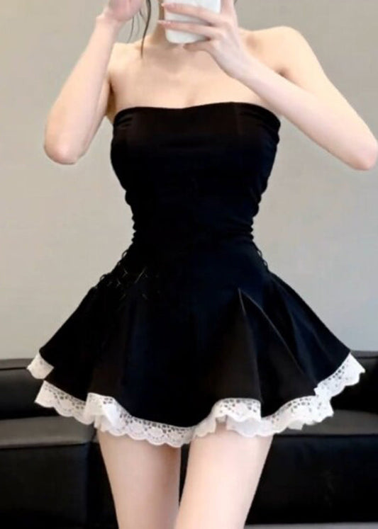 Sexy Black Cold Shoulder Patchwork Mid Dress Summer