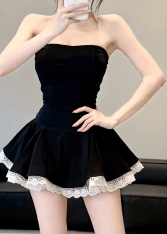Sexy Black Cold Shoulder Patchwork Mid Dress Summer
