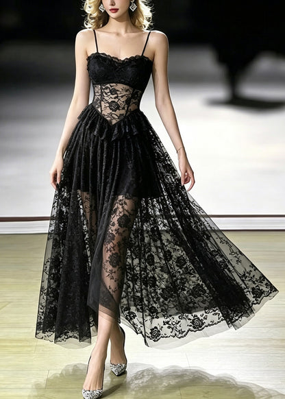 Sexy Black Flattering Sheer Long Spaghetti Strap Dresses Summer