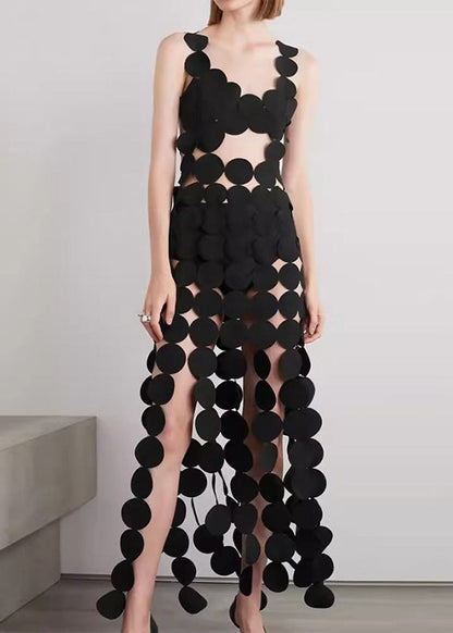 Sexy Black Hollow Out Backless Cotton Spaghetti Strap Dress Sleeveless