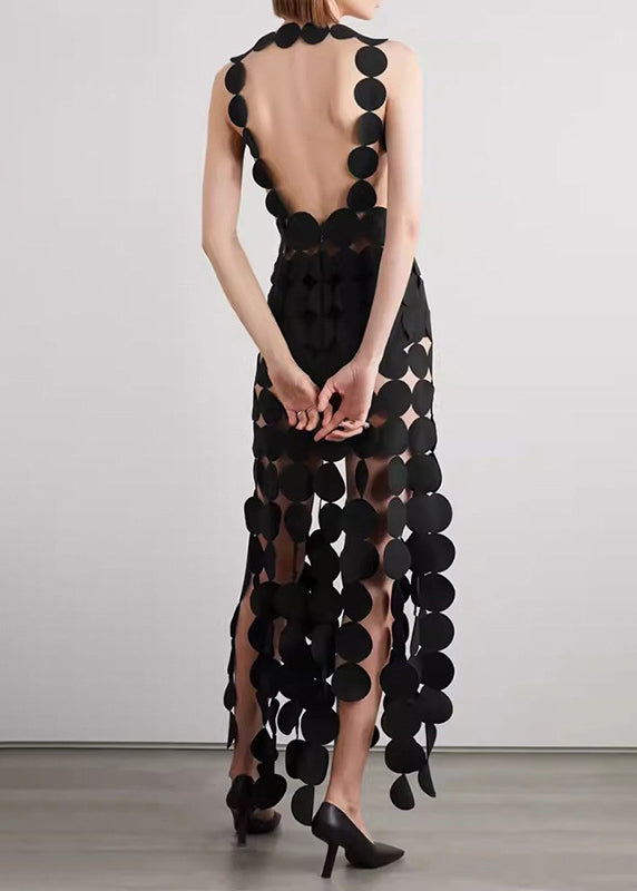 Sexy Black Hollow Out Backless Cotton Spaghetti Strap Dress Sleeveless