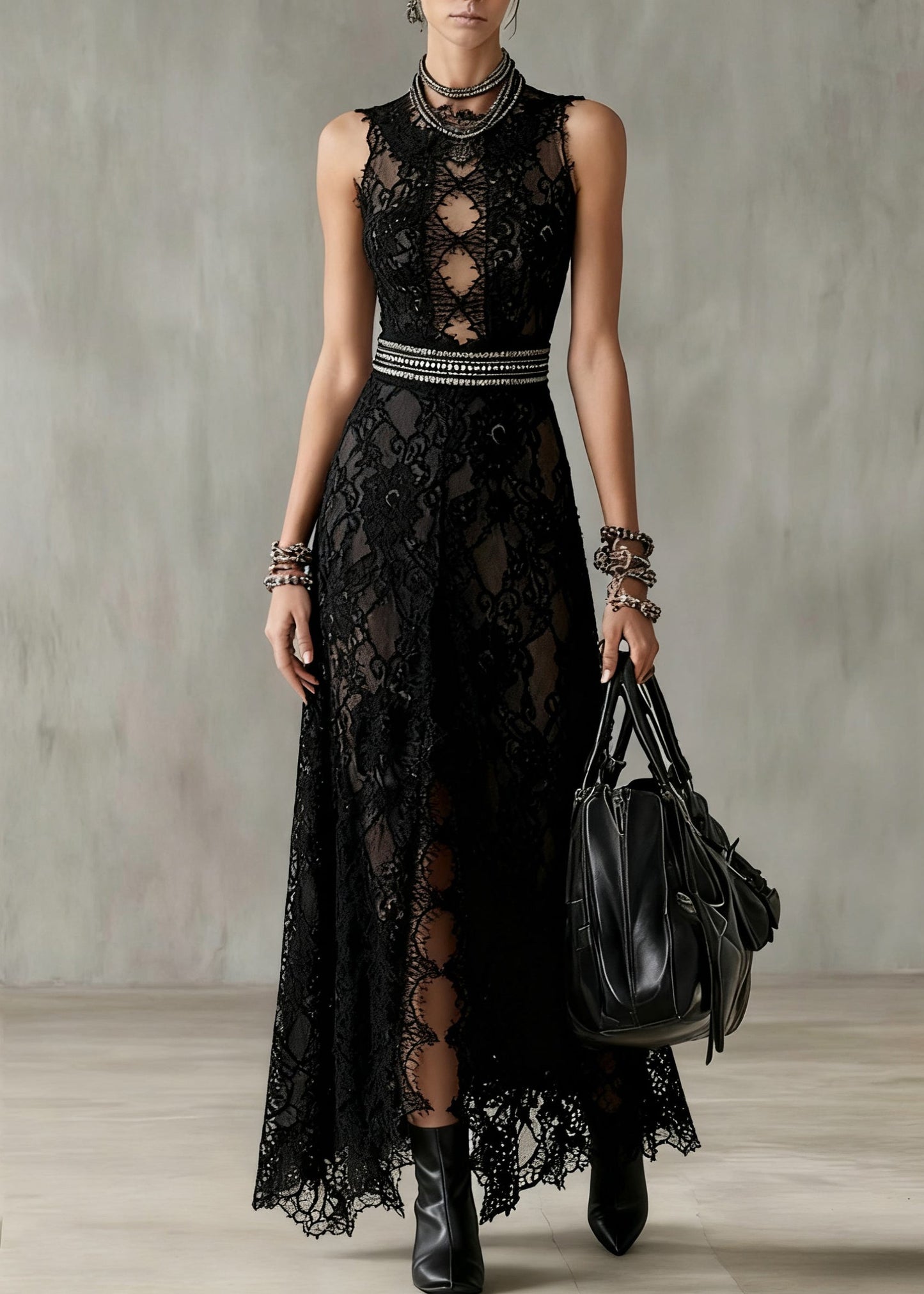 Sexy Black Hollow Out Side Open Lace Long Dresses Sleeveless