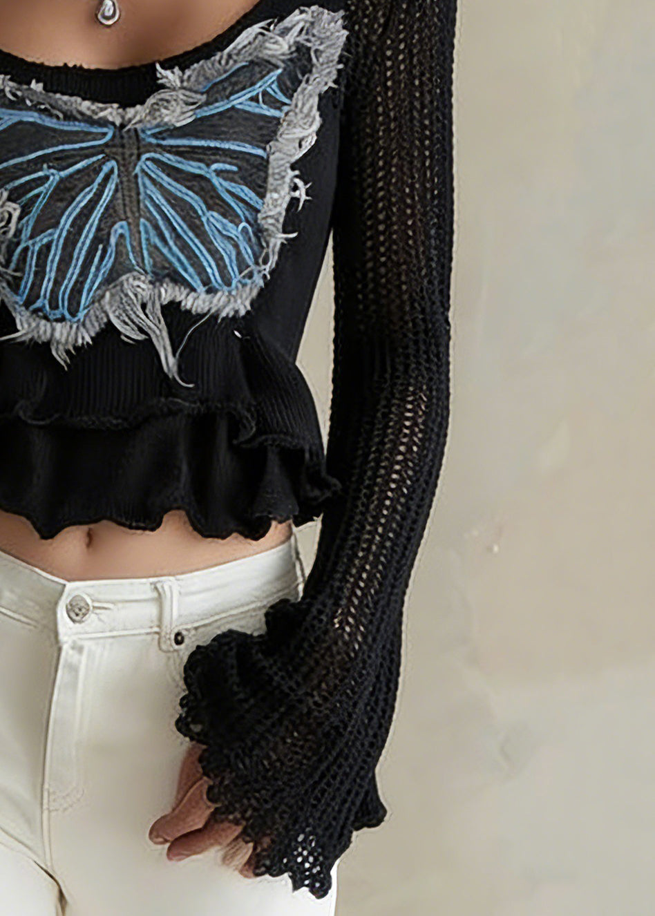 Sexy Black O-Neck Butterfly Knit Sweater Flare Sleeve