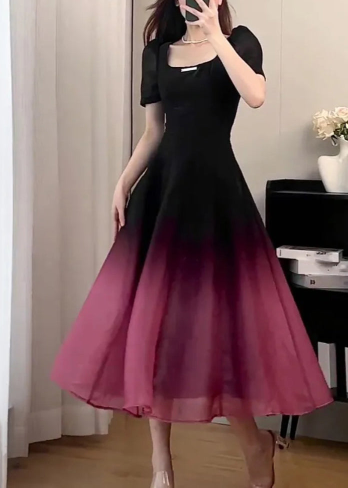 Sexy Black O-Neck Gradient Color Long Dresses Short Sleeve